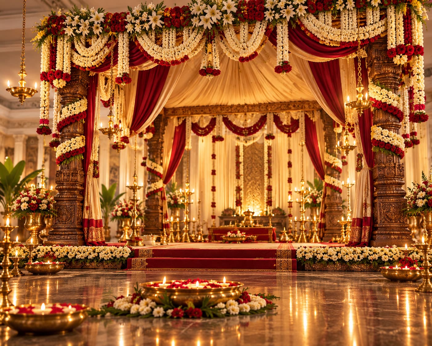 Traditional wedding mandap with flowers and lamps — the craft Sri Lakshmi Shamiyana has refined for decades