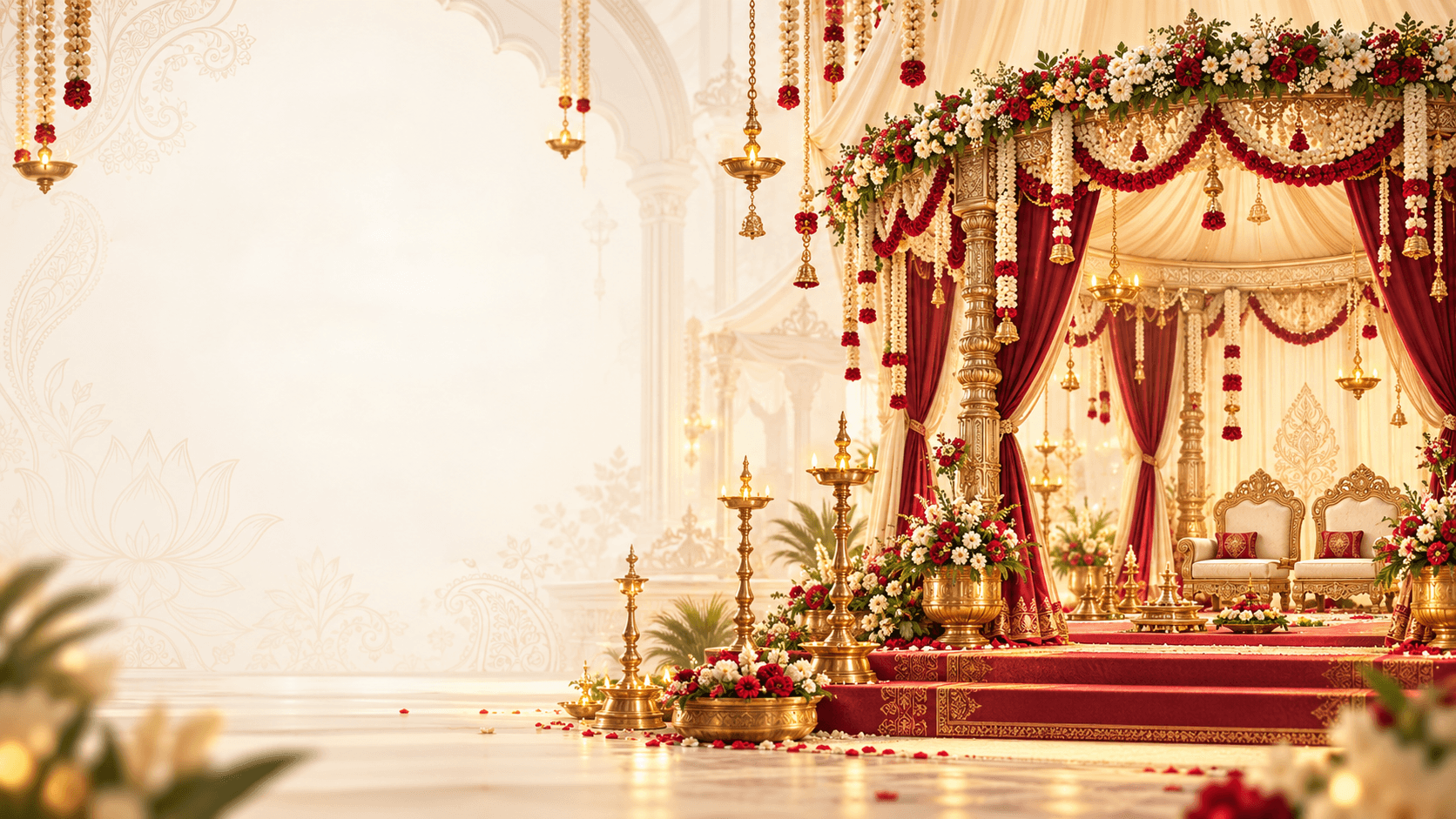 Luxurious maroon and gold Indian wedding mandap decorated with flowers and traditional lamps